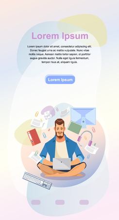 Distance Work Service Cartoon Vector Vertical Banner, Site Template or Mobile App Web Page with Man Sitting in Lotus pose, Working on Laptop with Documents or Content. Online School Landing Pageのイラスト素材