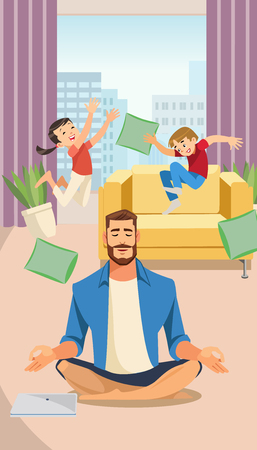 Happy Father in Lotus pose with Playing Children. Home Relax concept with Fun Cartoon characters. Vector Illuctration Parent and Children at Living Room modern interior.のイラスト素材
