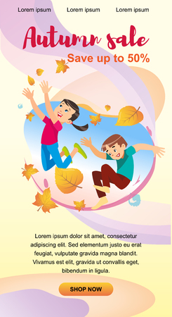 Children playing in the park throwing up leaves. Cartoon banner vector illustration isolated on background. The concept of outdoor recreation for children the park.のイラスト素材