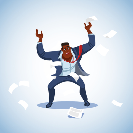Vector illustration of boss under stress. Stressed vector cartoon characters. Angry boss stands raising his hands up aggressively shouting. Fun cartoon characters. Vector illustration work situationのイラスト素材