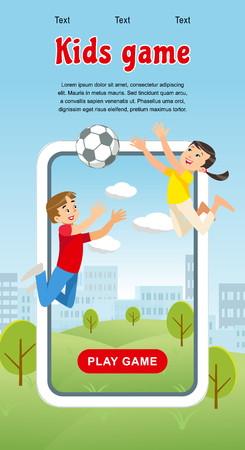 Vector Concept image Happy Kids Game Soccer Ball. Banner Vector Illustration of Cartoon Playing Boy and Girl with Soccer Ball in park. Happy Childhood. Family vacation Parkのイラスト素材