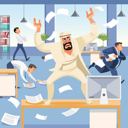 Angry boss screams in chaos at his subordinates. Stressed vector cartoon characters. Office workers hurry up with job. Fun cartoon characters. Vector illustration of work situation.のイラスト素材