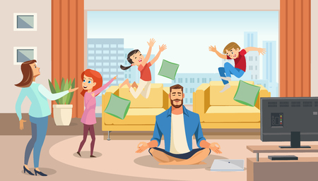 Happy father in lotus position surrounded family. Home relax concept with fun cartoon characters. Vector illuctration of parent and children at living room modern interior.のイラスト素材