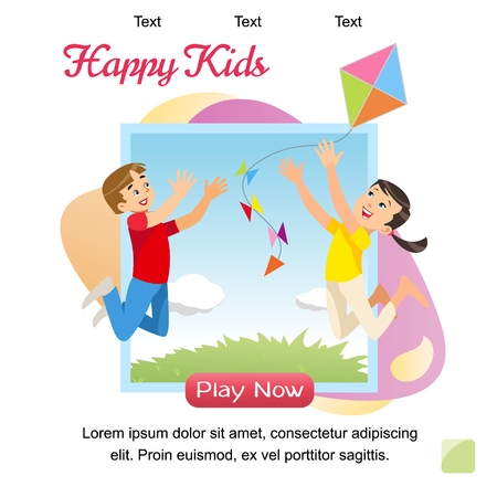 Vector Concept image Playing Happy Kids. Banner Vector Illustration of Cartoon Happy Playing Brother and Sister. Children play with a Kite. Family vacation Concept in Parkのイラスト素材