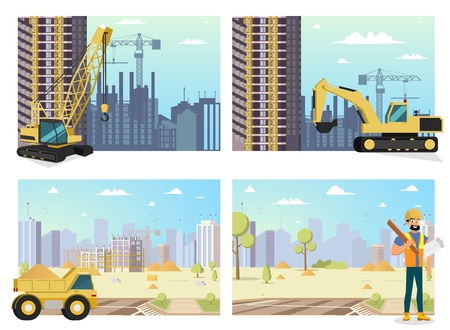 Concept Modern City Construction Buildings. Vector Illustration of Cartoon Set images the Construction process. Construction Crane. Yellow eEcavator. Truck. Male Builder with Tool his handsのイラスト素材