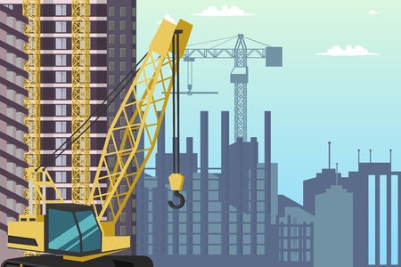 Concept Modern City Construction Buildings. Vector Illustration Cartoon Construction Crane background under Construction area City. Process Building a residential Skyscraperのイラスト素材