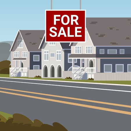 The Concept of For Sale Country Townhouse. Vector Illustration of Cartoon Sale of Country Townhouse. The Concept of Life Outside the metropolis. Country Family House for the Summerのイラスト素材