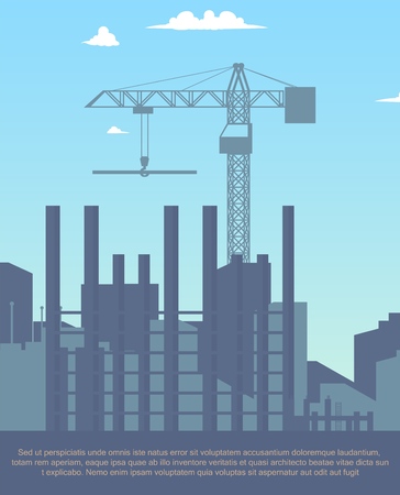 Concept Modern City Construction Buildings. Vector Illustration Cartoon Panorama Construction a new District the City. Cranes. Building Construction Concept. New residential area Projectのイラスト素材