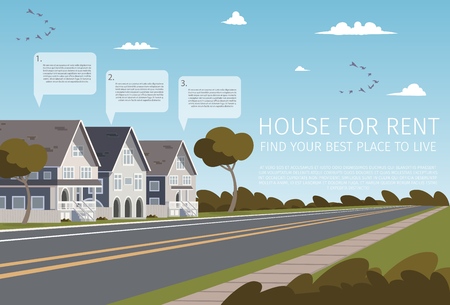 House For Rent Find your Best Place to Live. Banner Vector Illustration of Cartoon Renting a Family House for the Summer. Seasonal Life of Outside the metropolis. Fresh airのイラスト素材