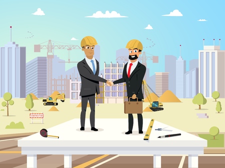 Concept Modern City Construction Buildings Vector Illustration Cartoon Men shaking hands. Two Men in Construction suits. Profitable investment in Construction. Process Engineerのイラスト素材