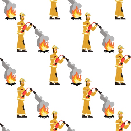 Vector image Pattern Firefighter Fire Extinguisher. Set Vector Illustration Seamless image Firefighter puts out Fire Extinguisher Isolated on White Background. Concept gift Wrapping, cards, Paper bagsのイラスト素材