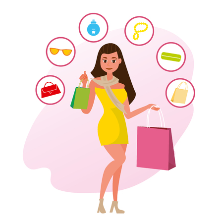 The Concept girlfriends Shopping in the Style Shop. Vector Illustration of Cartoon Happy Girl in Dress with Purchases. Isolated on White Background. Icons with Accessoriesのイラスト素材