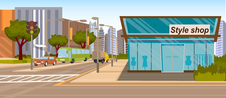 The Concept Girlfriends Shopping in the Style Shop. Vector Illustration of Cartoon Store stylish clothes. The Building is a Style Shop located on the corner of two Streets. Glass Showcasesのイラスト素材