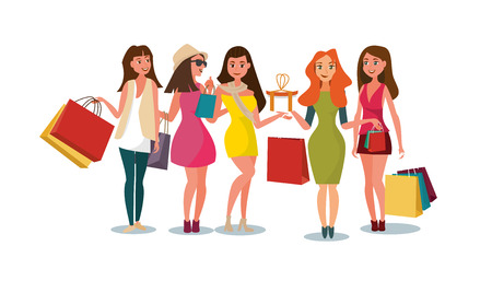 The Concept Girlfriends Shopping in the Style Shop. Vector Illustration of Cartoon Group of Girlfriends going Shopping. Happy Girls with Packages in their hands Isolated on White Backgroundのイラスト素材