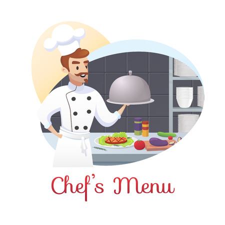 Culinary Concept Illustration Restaurant business. Banner Vector Illustration Cartoon character Chef showing special from Chefs Menu. Chef cook on Isolated White Backgroundのイラスト素材