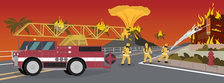 Vector Illustration Cartoon Fire Extinguishing. Firefighters Extinguish Building with Water with Hose. Firetruck, Firefighters Background of an Erupting Colcano. Fire Rescue departmentのイラスト素材