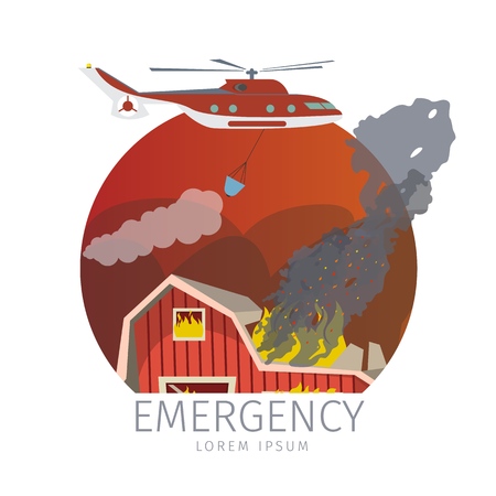 Vector Illustration Helicopter Extinguishes Fire. Banner Cartoon Image Emergency on Farm. Helicopter Extinguishes Fire on Farm. Emergency Isolated on White Background. Concept Destruction by Fire.のイラスト素材