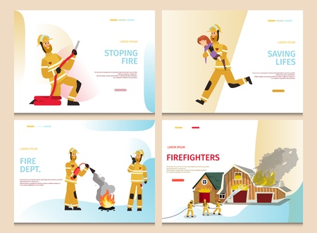 Vector Illustration Cartoon Concept Firefighter. Banner Set Stoping Fire, Saving Lifes, Fire Dept, Firefighters. Saving lifes Woman. Fire extinguishes fire Extinguisher. Hose with water. Building Fireのイラスト素材