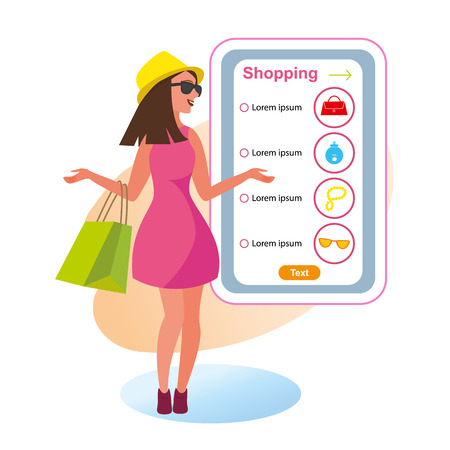 The Concept girlfriends Shopping in the Style Shop. Vector Illustration of Cartoon young Girl with Purchases hand. Online Purchase of clothing Accessories using mobile phone. Isolated White Backgroundのイラスト素材