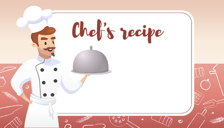 Culinary Concept Illustration Restaurant business. Banner Vector Cartoon Restaurant Chef on background Banner with recipe of Cooking dishes. Illustration dish Recipe Bannerのイラスト素材