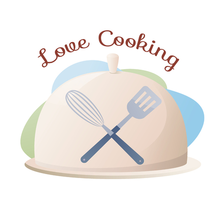 Culinary Concept Illustration Restaurant business. Banner Vector Illustration Cartoon tray depicting Kitchen utensils for Cooking with logo Love Cooking on Isolated White Backgroundのイラスト素材
