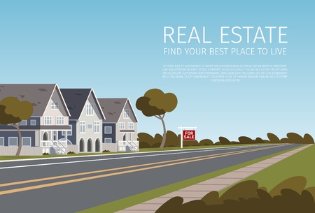 Real Estate Find your Best Place to Live. Banner Vector Illustration of Cartoon Real Estate a Family House for the Summer. The Concept living Outside the City Townhouse. Fresh airのイラスト素材