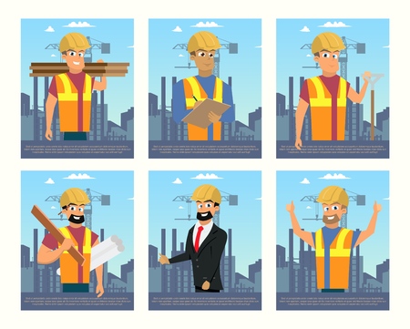 Concept Modern City Construction Buildings. Vector Illustration Cartoon Set portraits People. A group Male Builders in Uniform. Builder, Engineer, Contractor. Concept working Professionのイラスト素材