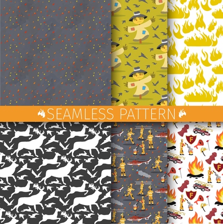 Vector Illustration Cartoon Set Seamless Pattern. Silhouettes Deer, Birds, Hare. Firefighter with Fire Extinguisher. Firefighter Work, Helicopter, Sparks, Smoke. Straw Scarecrow. Shape Yellow Flameのイラスト素材