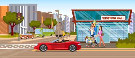 The Concept Shopping Mall downtown on the Road. Vector Illustration of Cartoon Happy Family going to the grocery Store. Full food Shopping cart. Red Car Cabriolet on the background of a Supermarketのイラスト素材