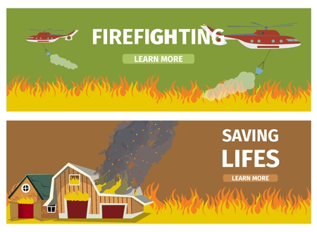 Vector Illustration Cartoon Fire Extinguishing. Set Banner image Fire Fighting Concepts. Fire Fighting, two Fire Helicopters Extinguish Flame ridden Field. Saving lifes, House in Flames.のイラスト素材