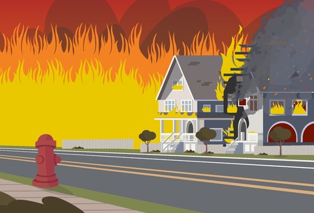 Vector Illustration of Cartoon Fire Extinguishing. Image Wooden House on Fire. Concept Fire House. Insurance Case. Not Careful Handling Fire. Cottage Town Located on Road. Fire Hydrantのイラスト素材