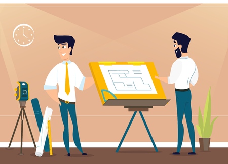 Architects is working on the project the premises. Vector illustration of working cartoon characters in coworking studio. The concept of construction, architecture, design, workplaceのイラスト素材
