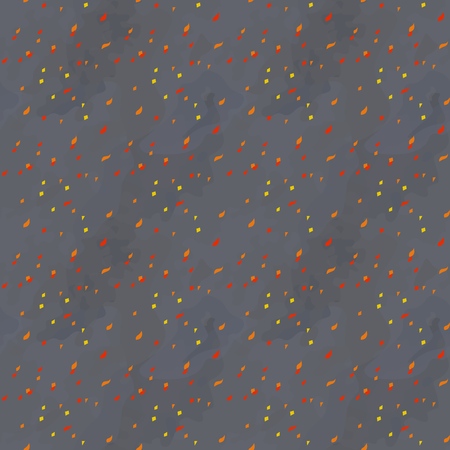 Vector image Pattern Sparks Flame and Smoke. Set Vector Illustration Cartoon Seamless image Red, Yellow, Orange Sparks Flame against Background Black thick Smoke. Concept gift Wrappingのイラスト素材