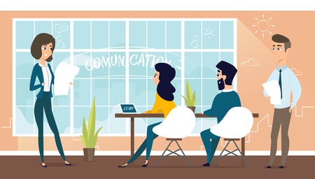 Architect discusses the project with the customer. Banner vector illustration of working cartoon characters in coworking studio. The concept of construction, architecture, designのイラスト素材