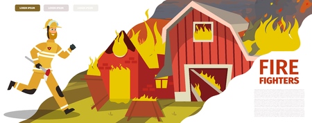 Vector Illustration Cartoon Fire Extinguishing. Banner image Fire Fighters. Fireman rushes to Rescue farm residents. Axe in hand Firefighter working tool. Concept of saving life.のイラスト素材