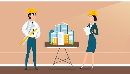 Group of architects with city architecture layout. Vector illustration of working cartoon characters in coworking studio. The concept of construction, architecture, design, workplace.のイラスト素材