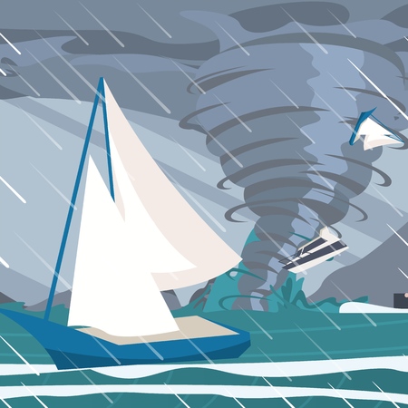 Vector picture the storm caught yachts the ocean. Vector illustration of a cartoon the strongest storm tornado raises the yacht into the sky with destructive force. The concept of natural disastersのイラスト素材