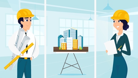 Group of architects with city architecture layout. Vector illustration of working cartoon characters in coworking studio. The concept of construction, architecture, designのイラスト素材