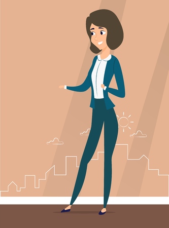 Ilustración de A woman stands against the silhouette of the city. Vector illustration of working cartoon characters in coworking studio. The concept of construction, architecture, design - Imagen libre de derechos