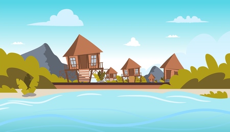 Vector image a village on the shore of a lagoon. Vector illustration of a cartoon villages with bungalow buildings on the lagoon bay. The concept of life in the distance civilization the fresh airのイラスト素材