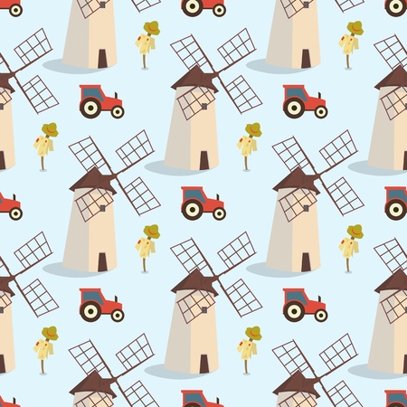 Set vector image pattern windmills and tractors. Vector illustration of seamless image of the sets windmills and tractors on a blue background. The concept of gift wrapping, cards, paper bagsのイラスト素材