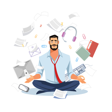 Businessman or Office Worker Sitting in Lotus Pose, Meditating on Workplace, Trying to Stay Calm in Tasks Chaos Flat Vector Illustration Isolated on White Background. Stress Relief and Balance in Workのイラスト素材