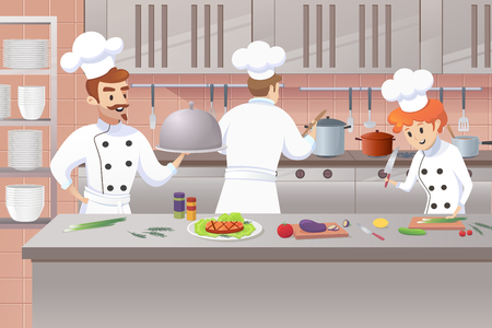 Concept illustration of the restaurant business. Vector illustration of a cartoon character chef cook holding tray in his hand and kitchen workers of the restaurant engaged in cooking on the workplaceのイラスト素材