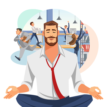 Relaxing and Stress Relief at Workplace Cartoon Vector Concept. Businessman with Untied Necktie, Sitting in Lotus Position with Closed Eyes, Meditating in Noisy Office, Practicing Yoga. Zen in Workのイラスト素材