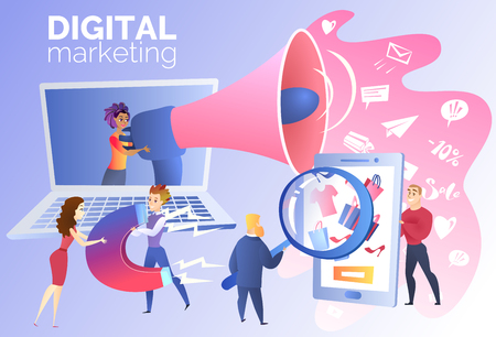 Digital Marketing Research Cartoon Vector Concept with Young Female and Male People Characters Working Together to Advertise Goods Online Illustration. Internet Business, Online Promotion, Context Adのイラスト素材