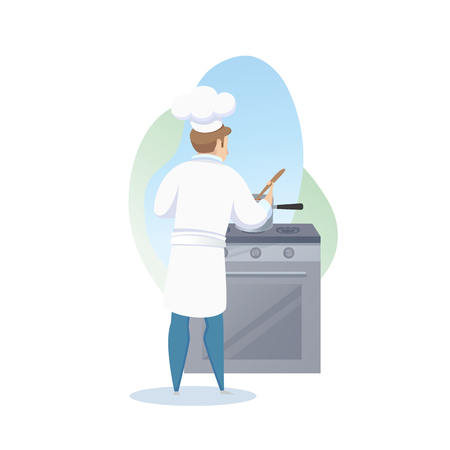 Concept illustration of the restaurant business. Vector illustration of a cartoon character of male cook preparing dish on plate over white background. Illustration of a restaurant kitchen workerのイラスト素材