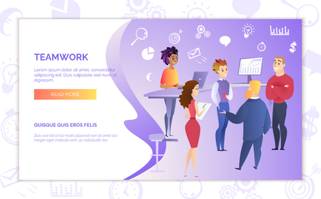 Effective Teamwork in Business Cartoon Vector Web Banner, Landing Page with Business Entrepreneurs Working Together, Boss Explaining Company Strategy, Leader Conducting Meeting in Office Illustrationのイラスト素材