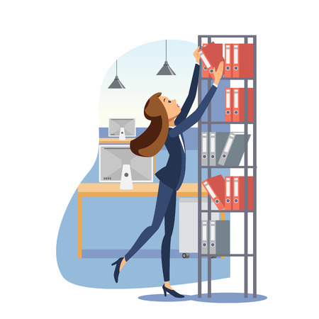 Young Woman Working in Office with Documents, Getting Binder from Rack Top Shelf Flat Vector Illustration Isolated on White Background. Daily Office Work Routine, Company Trainee Practice Conceptのイラスト素材