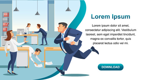 Personal Productivity Course Flat Vector Horizontal Web Banner with Business People Working in Office and Businessman Hurrying on Meeting. Business Organization Service Landing Page Design Templateのイラスト素材