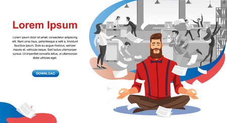 Personal Productivity in Business Online Service Cartoon Vector Horizontal Web Banner with Businessman Meditating in Noisy Office Illustration. Stress Relief Course for Company Employee Landing Pageのイラスト素材